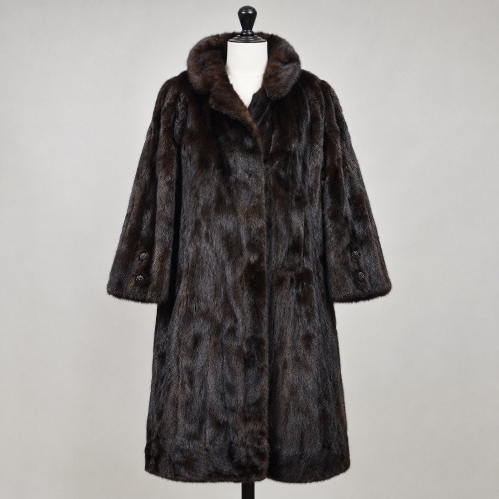 Mr Paul New York Vintage Real Mink Fur Coat Brown Portrait Collar Mid Length